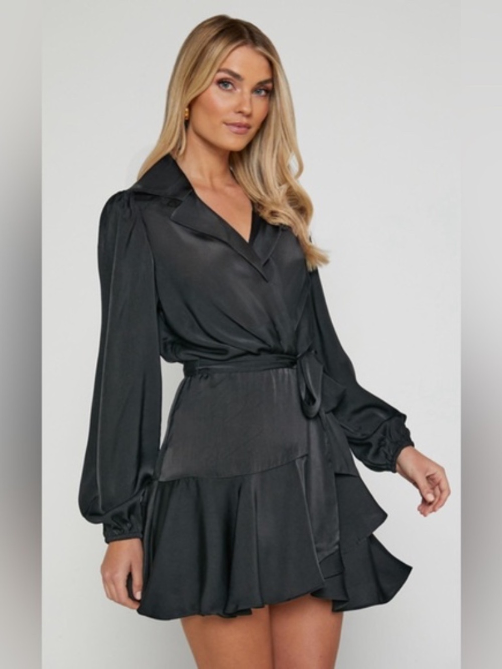 On 34th Macy’s Black Satin Collared Wrap Dress W/ Tie Belt Size